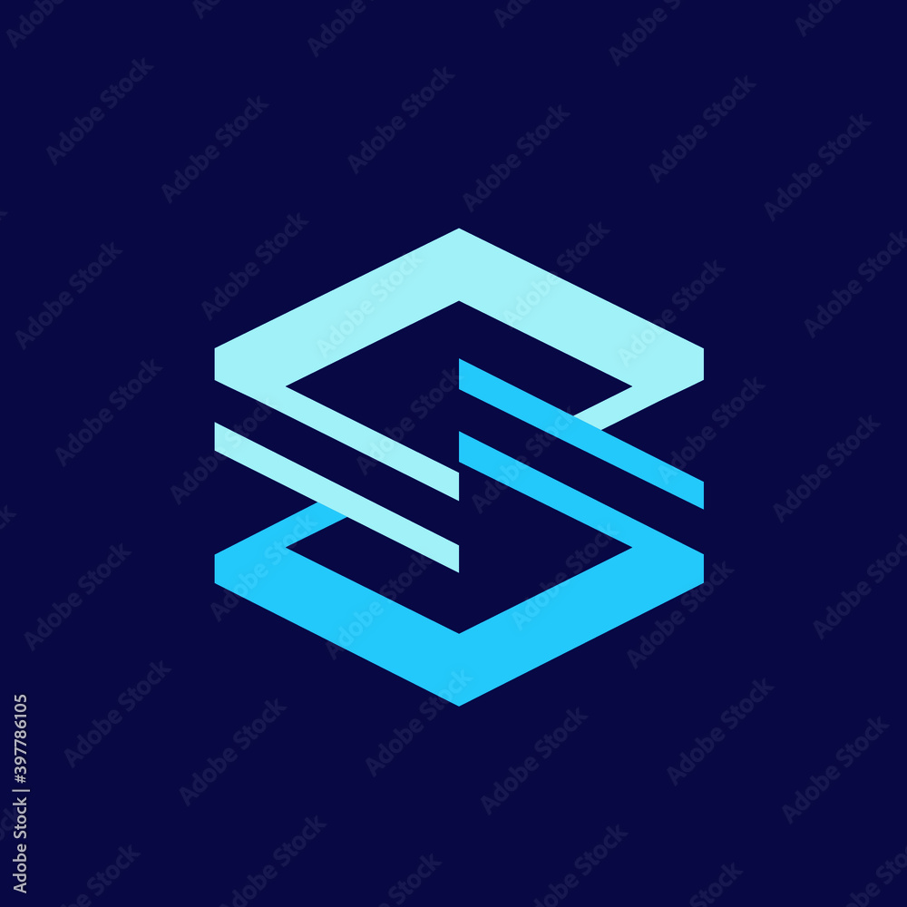 Letter S logo.Geometric lettering icon.Alphabet initial isolated on dark background.Modern, structural design, tech, web style character.Bold sign.Abstract shape.