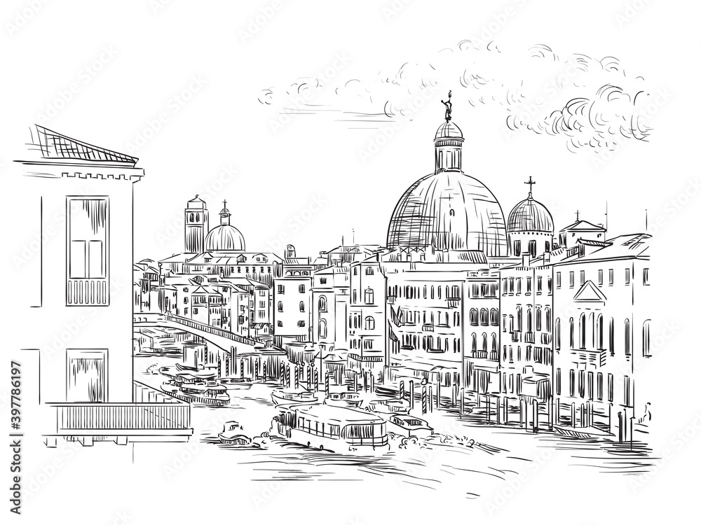 Venice skyline hand drawing vector illustration Grand canal