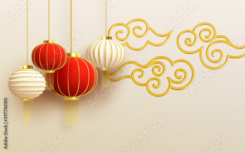 Chinese new year design template with and red lanterns and cloud on the Light background. Vector illustration