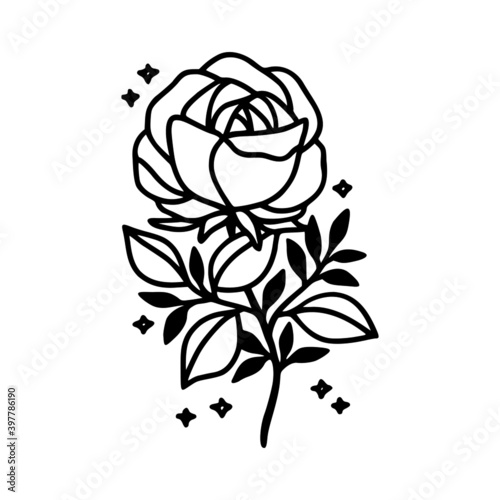Hand drawn rose, peony flower and botanical leaf branch illustration. Black line art vector feminine logo. Symbol and icon for wedding, business card, cosmetics, jewel, brand, and beauty products