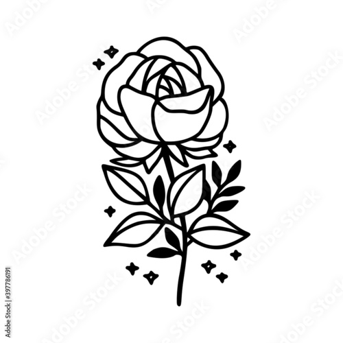 Hand drawn rose flower and botanical leaf branch illustration. Black line art vector feminine logo. Symbol and icon for wedding, business card, cosmetics, jewel, brand, and beauty products