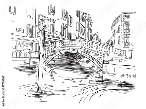 Venice hand drawing vector illustration canal and bridge