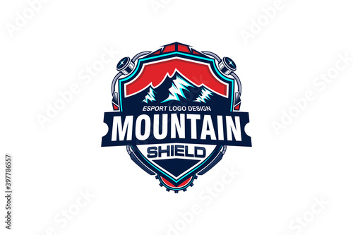 Mountain logo esport team gaming symbol identity, minimalist shield shape modern design.