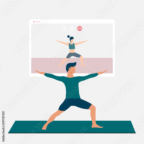A young man standing in the warrior pose Virabhadrasana. The man watching online yoga practice on TV or projector. Stay home concept. Home activity during quarantine. Online courses, education. Eps 10