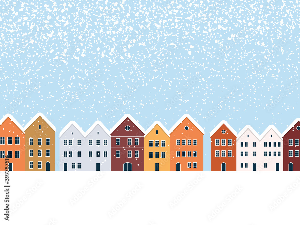 Christmas card vector template with landscape of a small town or village with snowing.