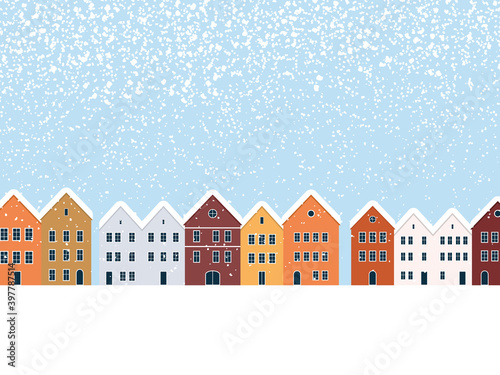 Christmas card vector template with landscape of a small town or village with snowing.