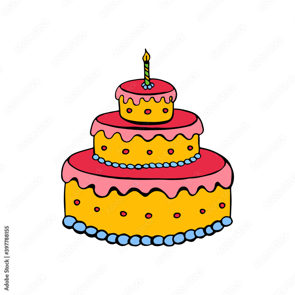 Birthday cake. Doodle image of a birthday cake. Flat confectionery image. Birthday cake. Doodle image of a birthday cake. Flat confectionery image.