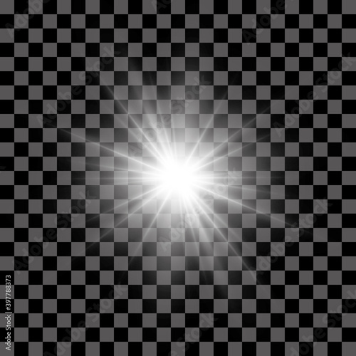 White beautiful light explodes with a transparent explosion. Vector, bright illustration for perfect effect with sparkles. Bright Star. Transparent shine of the gloss gradient, bright flash. © David