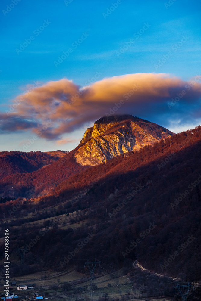 Fototapeta premium Beautiful mountain landscape in the Carpathian Mountains Romania at the transition from autumn to winter.