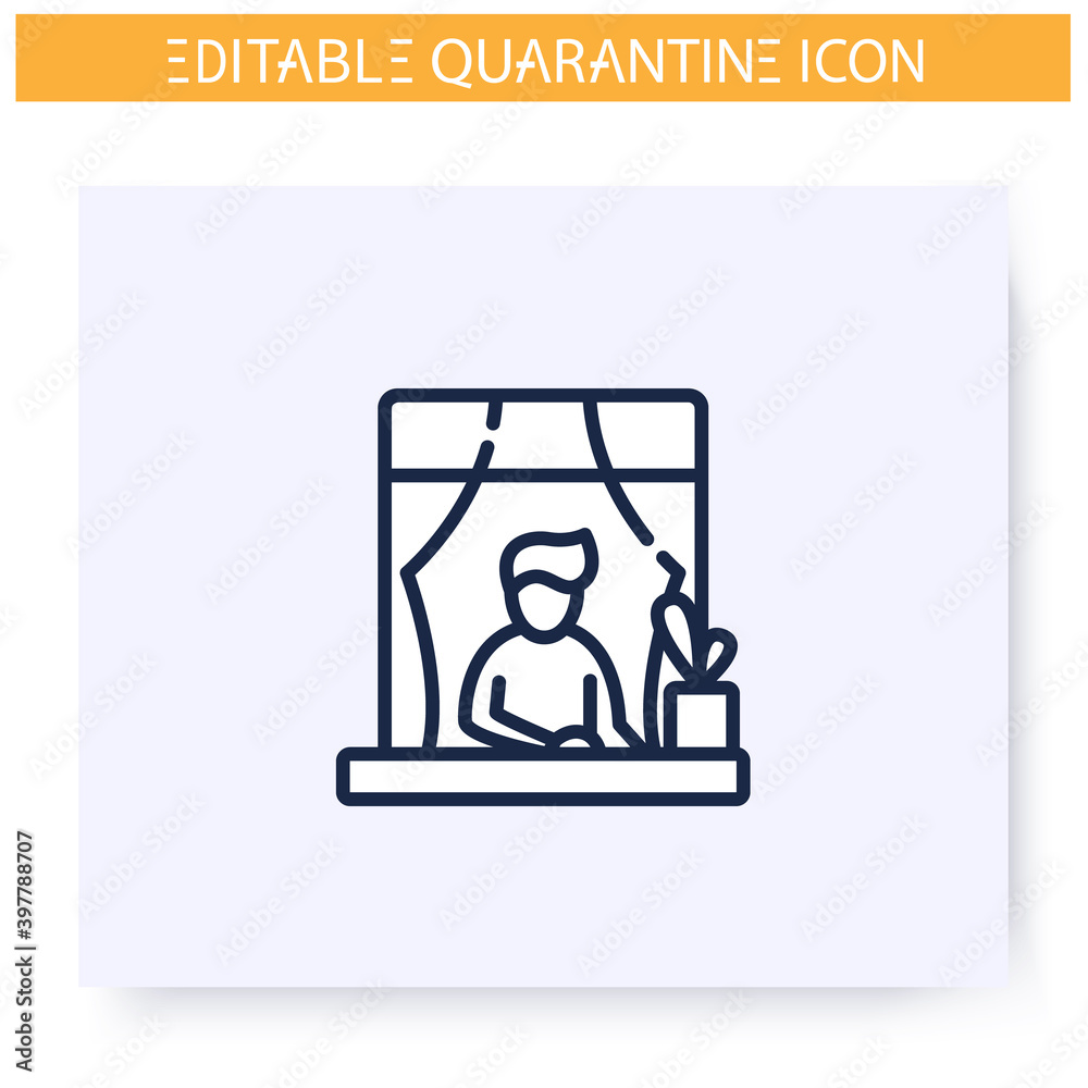 Fototapeta premium Man inside window line icon. Quarantine. Lockdown. Social isolation and covid19 virus spread prevention. Global viral pandemic fight. Stay home concept. Isolated vector illustration. Editable stroke 