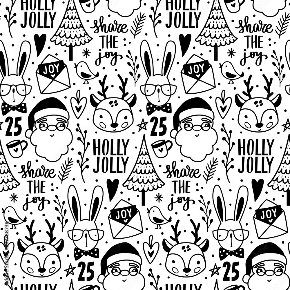 Merry Christmas doodle seamless pattern. Happy new Year repeat background in sketch style. Xmas texture, wrapping paper.