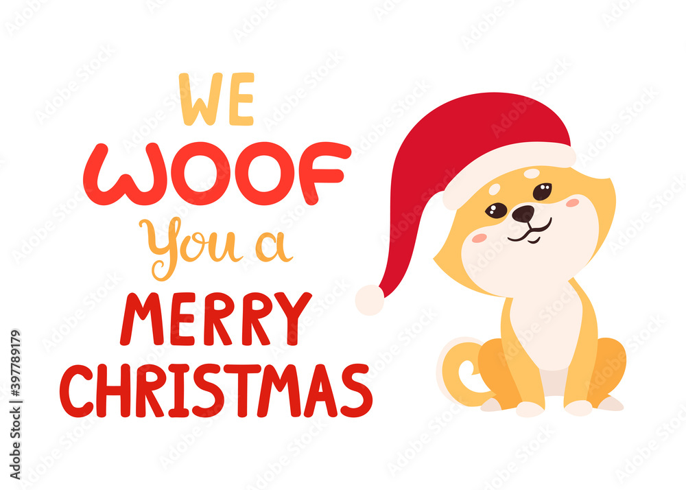 Vector cartoon dog and wish - We woof you Merry christmas.