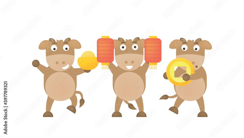 illustration of a smiling or happy bull or buffalo holding ancient chinese coins, gold and lanterns. cute and adorable characters celebrating new year 2021. design cartoon illustration of a smiling or happy bull or buffalo holding ancient chinese coins, gold and lanterns. cute and adorable characters celebrating new year 2021. design cartoon