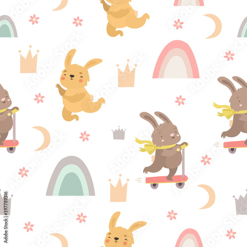 Cute baby pattern with bunnies and a rainbow, bunny on a scooter. Funny animals