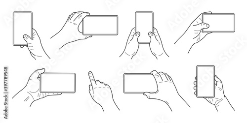 Hands hold smartphones. Set of hands in different positions. Graphic sketch lines and strokes. Doodle. Vector.