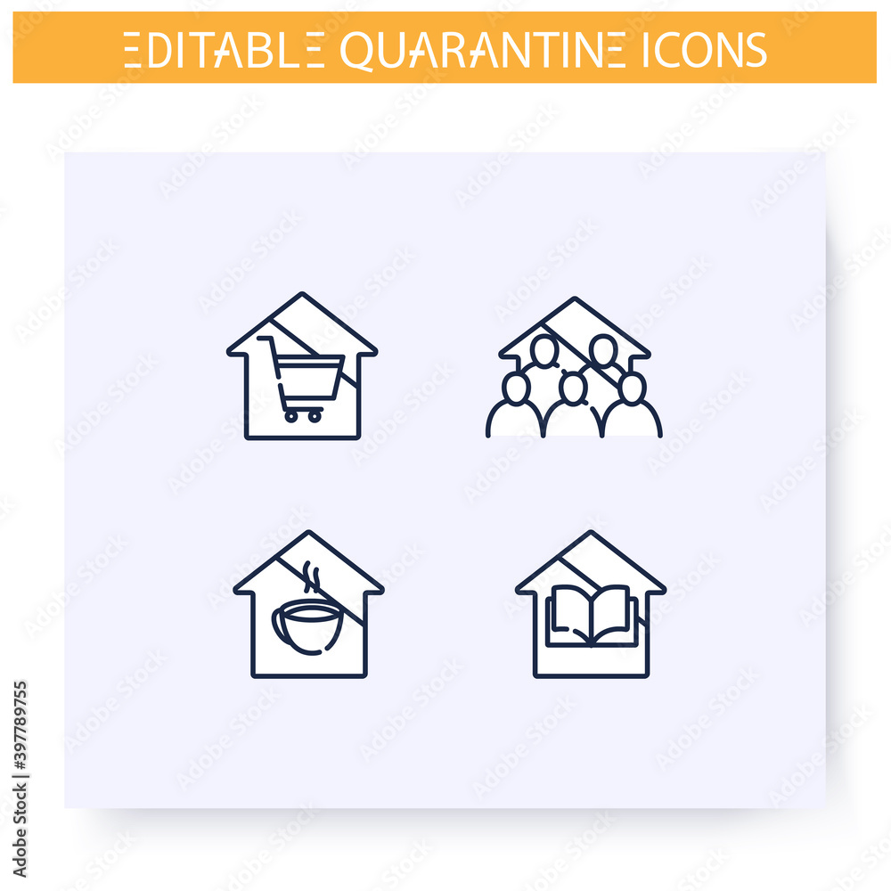 Quarantine line icons set.Lockdown in city. Closed shool, cafe, shopping center. Covid19 virus spread prevention. Global pandemic fight concept. Isolated vector illustrations.Editable stroke Quarantine line icons set.Lockdown in city. Closed shool, cafe, shopping center. Covid19 virus spread prevention. Global pandemic fight concept. Isolated vector illustrations.Editable stroke