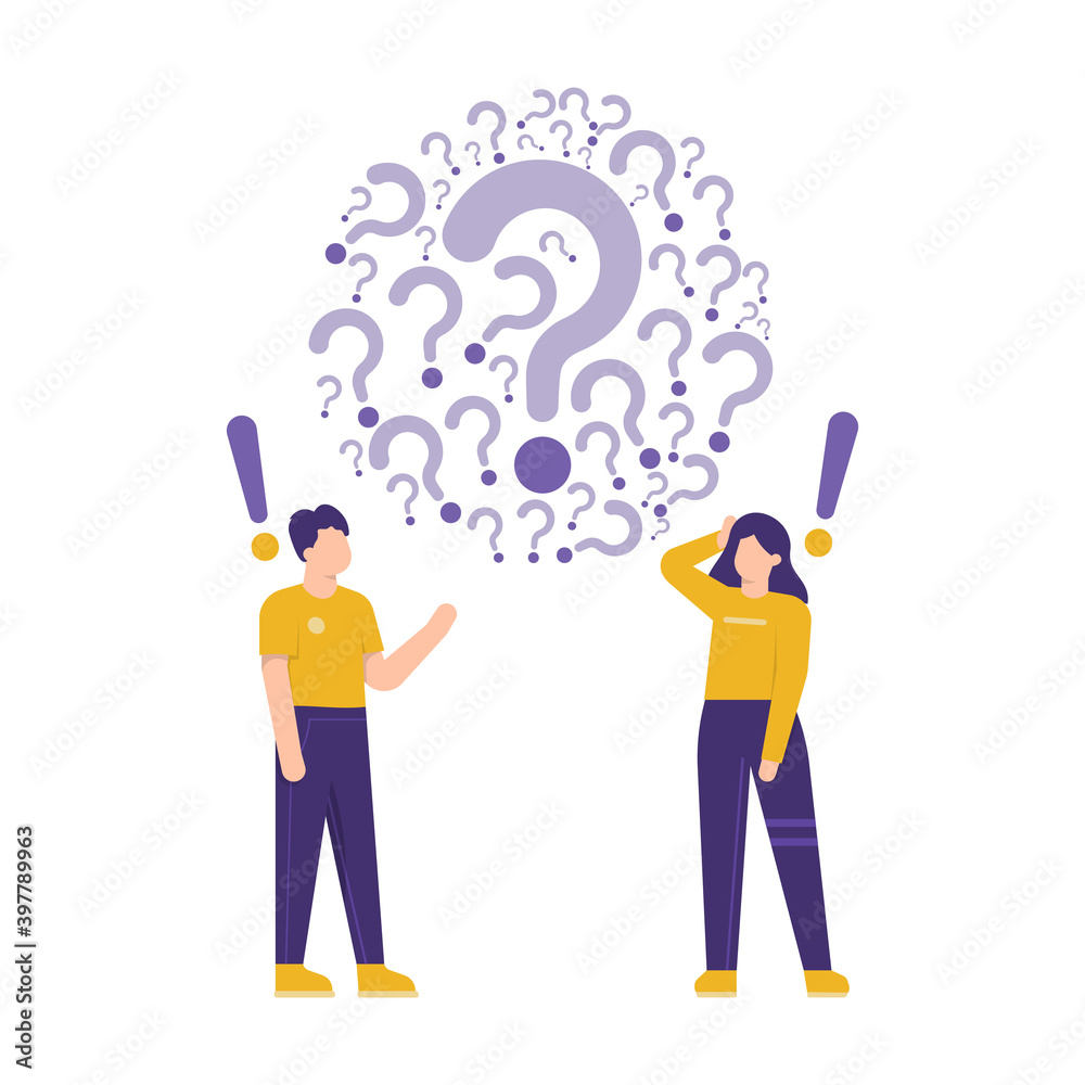 illustration of a team or group standing and discussing beside a collection of question mark symbols. concept Frequently asked questions or FAQs, question marks around people, online support center