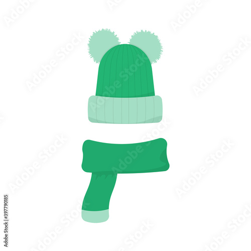 winter hat illustration. bobble hat decorated with two pompom and green scarf. warm children's clothing or headwear. flat style. design elements