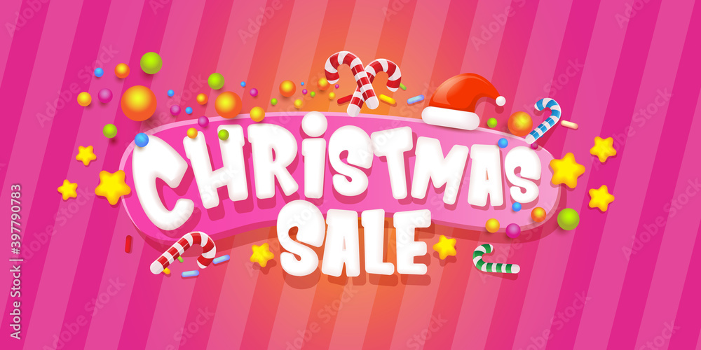 cartoon christmas sale horizontal banner with lighting stars, candies, lollipops, snow, santa red hat and christmas lights isolated on pink background. Cartoon kids style sale label