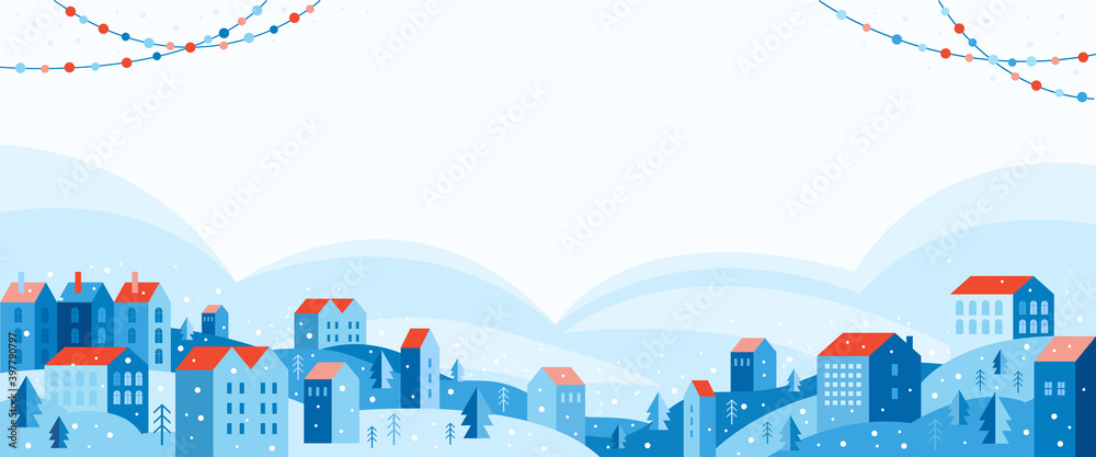custom made wallpaper toronto digitalUrban landscape in a geometric minimal flat style. Festive snow city in winter decorated with garlands. Cozy houses on a hill among trees. New year and Merry Christmas. Abstract horizontal banner.
