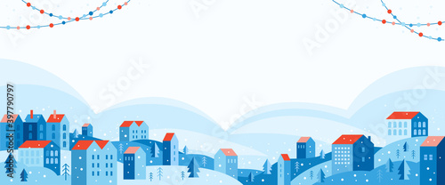 Urban landscape in a geometric minimal flat style. Festive snow city in winter decorated with garlands. Cozy houses on a hill among trees. New year and Merry Christmas. Abstract horizontal banner.