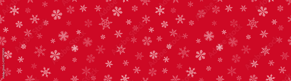 Vector seamless pattern with small white snowflakes on red. Christmas and New Year background. Snowflake border texture. Winter holidays theme. Wide repeat design for decor, web, print, wallpapers