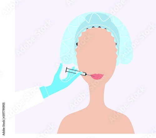 Doctor making woman lips plastic injection. Vector illustration