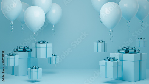 Many Gift box Fly in air with balloon and blue ribbon pastel background.,Christmas and happy new year background concept.,3d model and illustration.