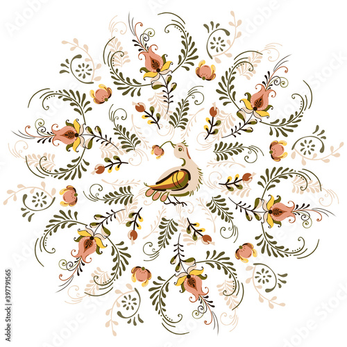 Vector floral ornament round frame with flowers and birds in russian folk art painting style