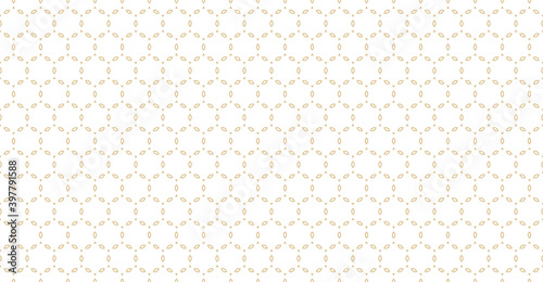 Golden minimal ornament pattern. Vector geometric seamless texture with delicate grid, thin linear shapes, diamonds, hexagonal grid. Abstract white and gold graphic background. Luxury repeated design