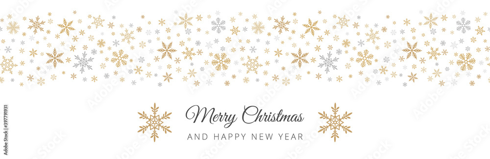 Snowflake border background. Vector seamless pattern with small gold and silver snowflakes on white. Merry Christmas and Happy New year header. Design template for banner, greeting card, web, print Snowflake border background. Vector seamless pattern with small gold and silver snowflakes on white. Merry Christmas and Happy New year header. Design template for banner, greeting card, web, print