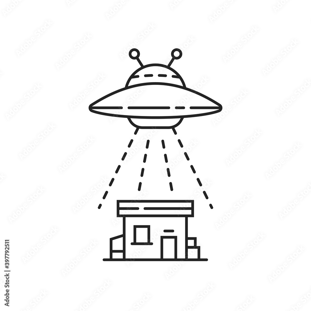 thin line black ufo with house thin line black ufo with house