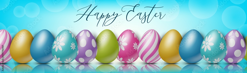 Happy Easter holiday banner or newsletter header. Colorful eggs on glass surface and blue background. Vector illustration with lettering.