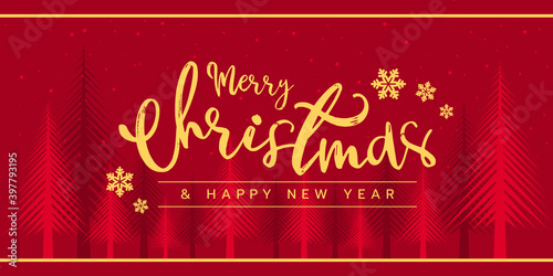 merry christmas - gold hand letter on red christmas tree and snow background vector design