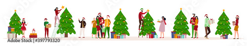 Seth, People decorate the Christmas tree with decorations, happy family near the Christmas tree and gifts, merry christmas, vector illustration