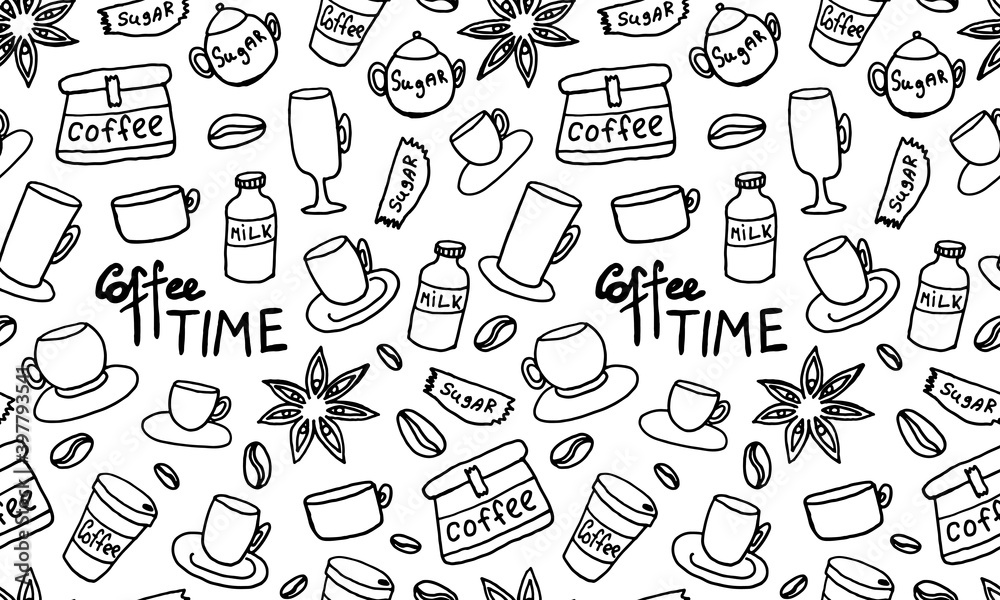Doodle coffee seamless pattern. Simple outline drawing. Morning drink for breakfast. Hand drawn design element