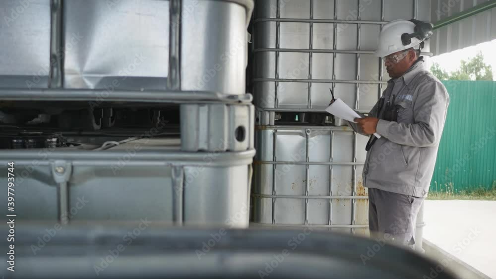 Inspectors are checking the amount of chemicals stored in the warehouse and documenting the inspection. Inspectors are checking the amount of chemicals stored in the warehouse and documenting the inspection.