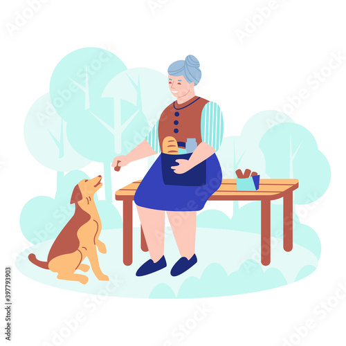 An elderly woman with a dog on a bench in the park. Gives the dog a treat. Vector illustration in flat style.
