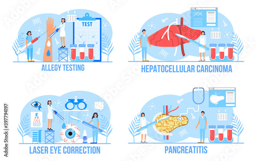 Hepatologist, allergy test, pancreatitis, laser eye correction concept set vector for medical websites, landing page. Hepatocellular carcinoma concept vector.