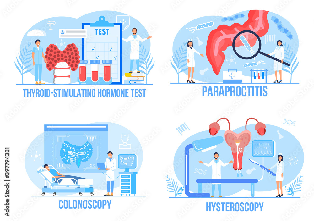 Hysteroscopy of uterus, womb, thyroid-stimulating hormone test, colonoscopy, intestine, para proctitis concept vector set. Endometriosis, endometrium dysfunctionality