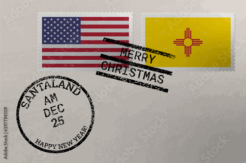 Postage stamp envelope with New Mexico and US flag, Christmas and New Year stamps, vector