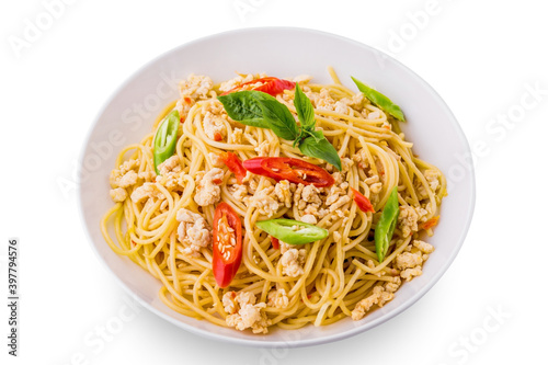 Stir fry chicken spaghetti Asian style