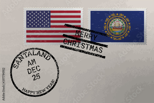 Postage stamp envelope with New Hampshire and US flag, Christmas and New Year stamps, vector