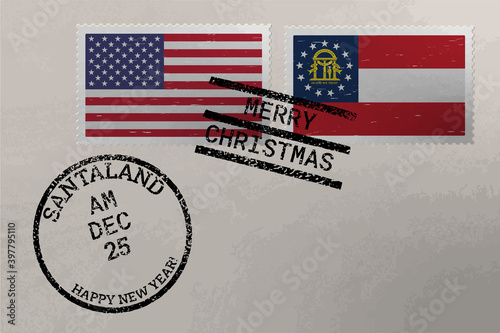 Postage stamp envelope with Georgia and US flag, Christmas and New Year stamps, vector
