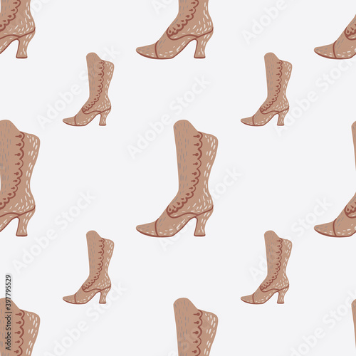 Minimalistic seamless fashion pattern with beige boots silhouettes. Light background.
