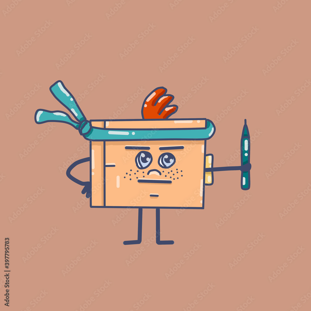 Graphic tablet with a stylus in hand. Anthropomorphic drawing tablet. Red hair. Blue headband. Dudlik on a white background Graphic tablet with a stylus in hand. Anthropomorphic drawing tablet. Red hair. Blue headband. Dudlik on a white background