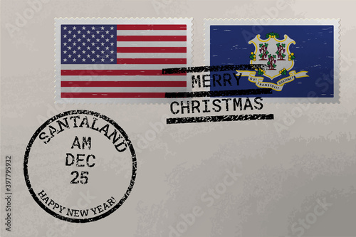 Postage stamp envelope with Connecticut and US flag, Christmas and New Year stamps, vector
