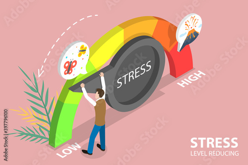 3D Isometric Flat Vector Conceptual Illustration of Stress Level Reducing, Effective Stress Relievers.