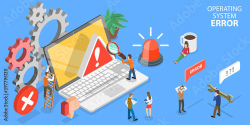 3D Isometric Flat Vector Conceptual Illustration of Operating System Error or 404 Error Web Page.
