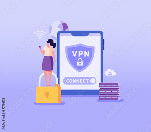 Woman using VPN for smartphone or phone. User protecting personal data with VPN service. Concept of virtual private network, сyber security, secure web traffic, data protection. Vector illustration